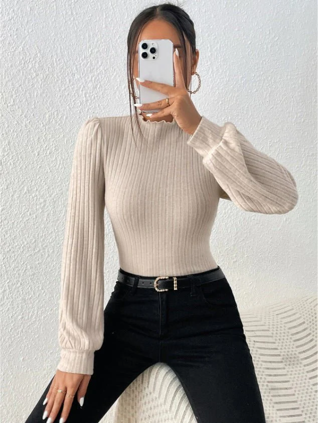Trim high collar long sleeve slim witner top - Image 4