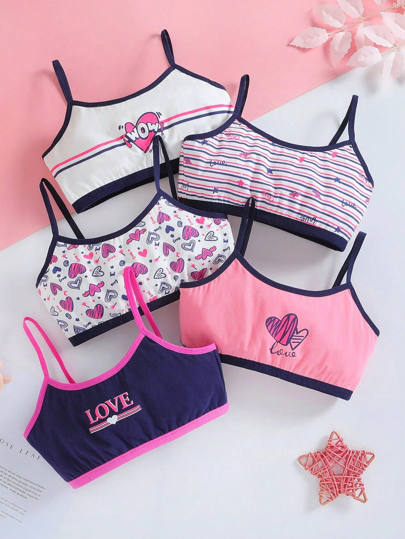 Tween Girl 5pcs Striped & Heart Print Contrast Binding Bra - Image 4
