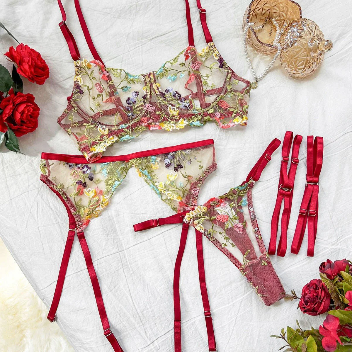Underwear sxy high-end embroidery multi-colored small floral four-piece set FD - Image 3