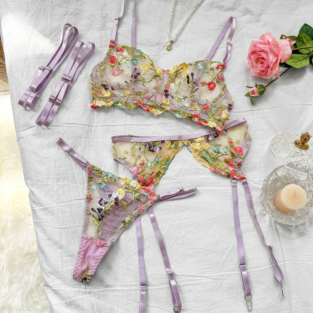Underwear sxy high-end embroidery multi-colored small floral four-piece set FD - Image 4