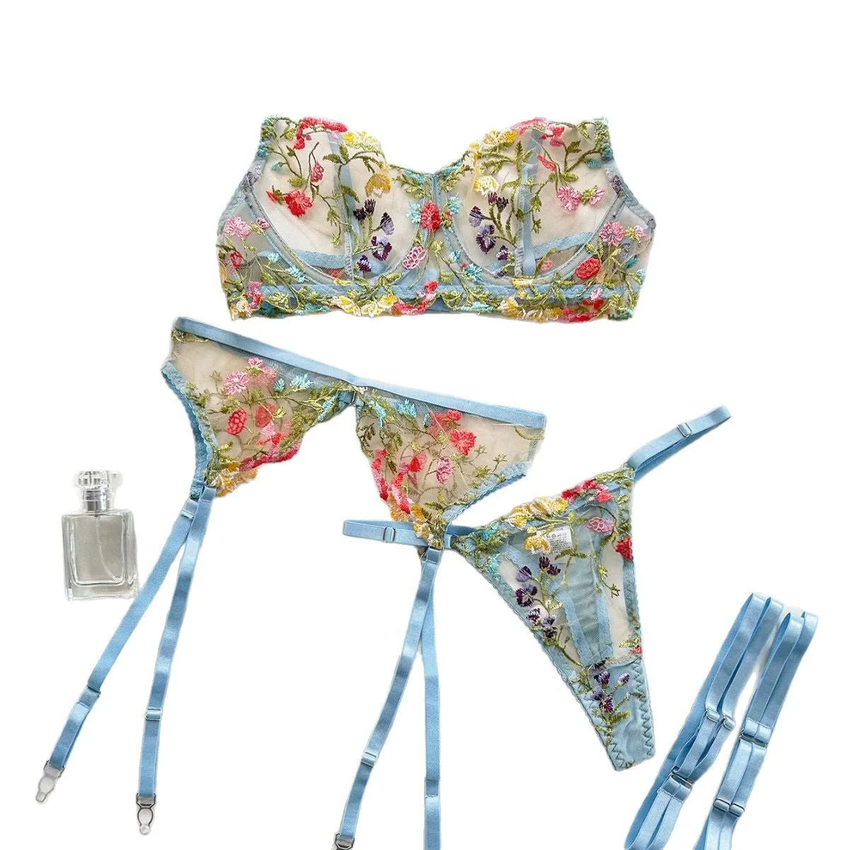 Underwear sxy high-end embroidery multi-colored small floral four-piece set FD - Image 5