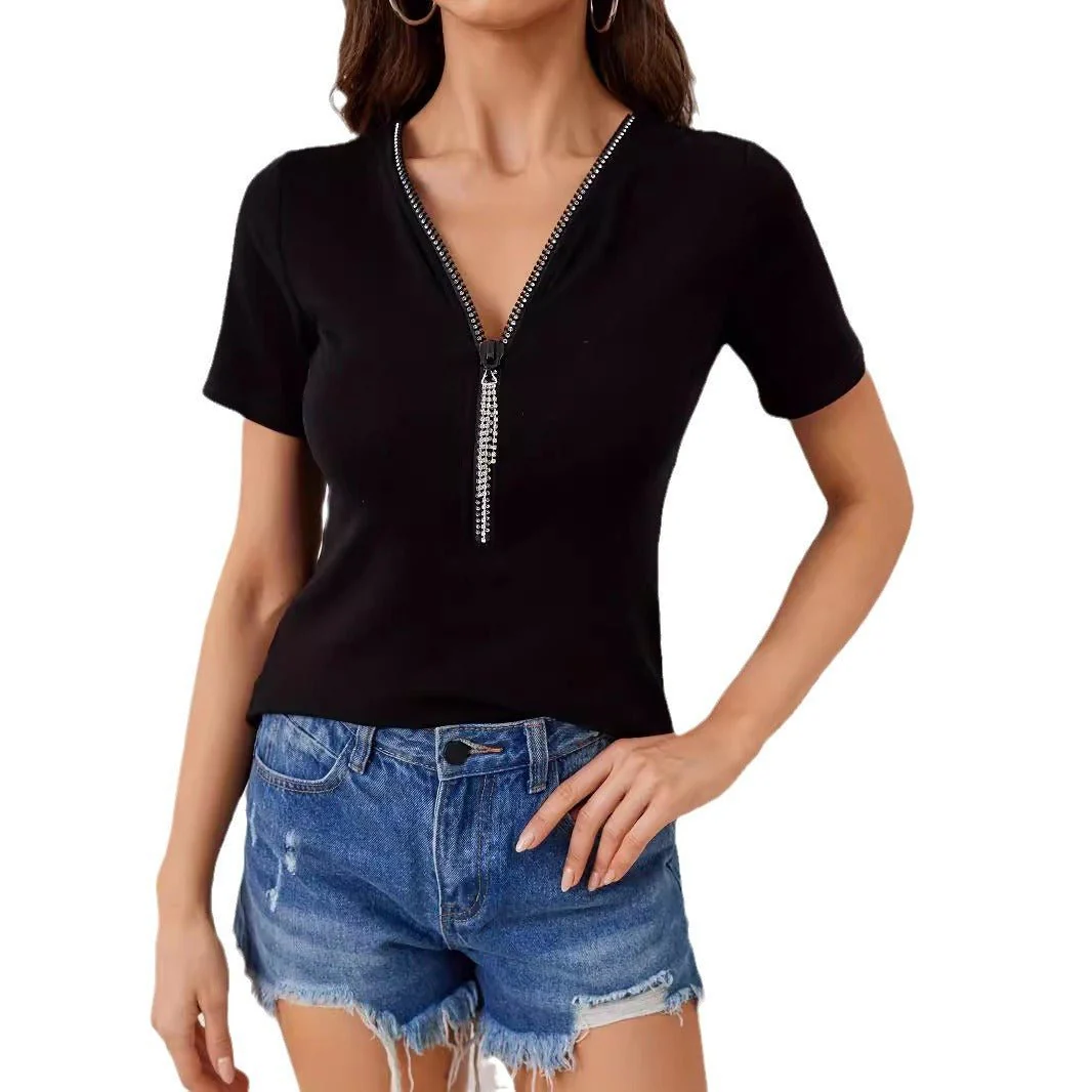 V-neck diamond pendant zipper solid color short-sleeved T-shirt - Image 5