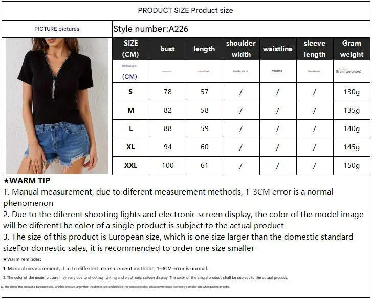V-neck diamond pendant zipper solid color short-sleeved T-shirt - Image 7
