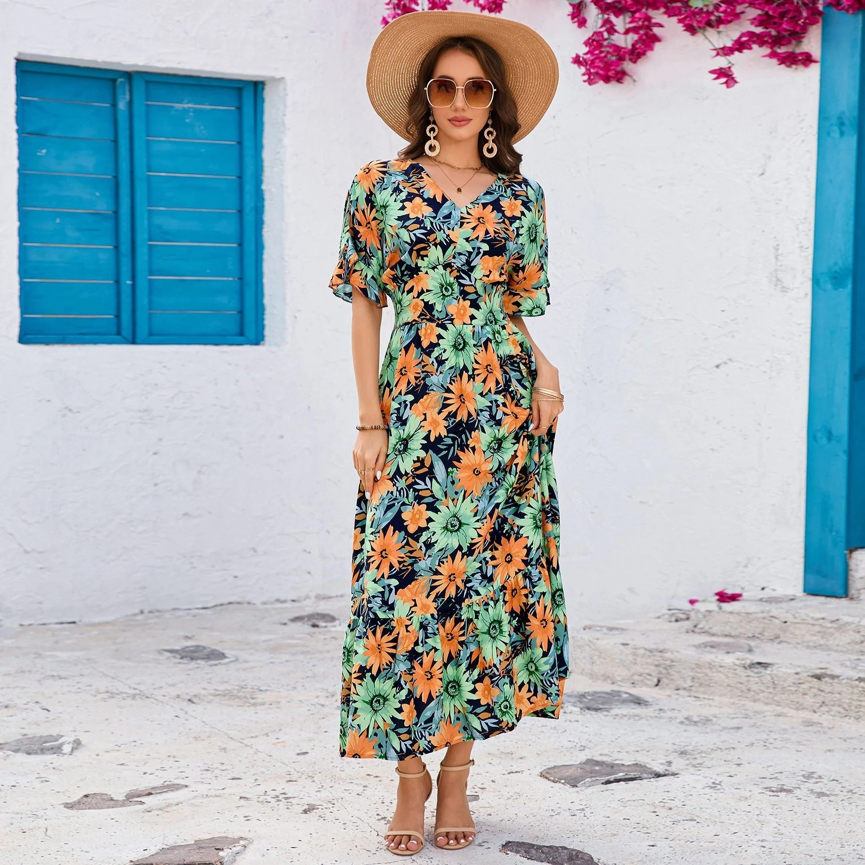 V-neck lotus leaf short-sleeved long dress temperament seaside vacation dress