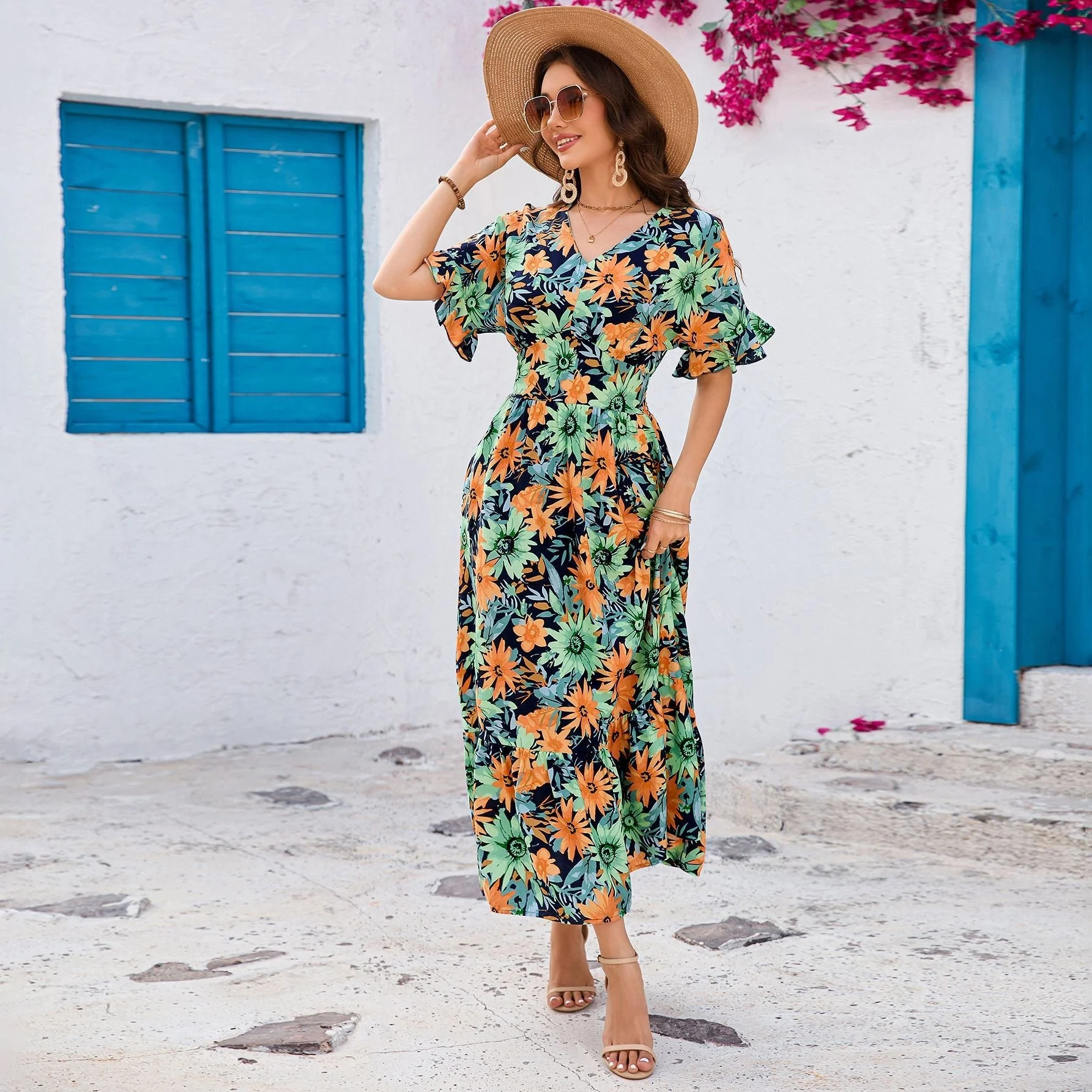 V-neck lotus leaf short-sleeved long dress temperament seaside vacation dress - Image 2