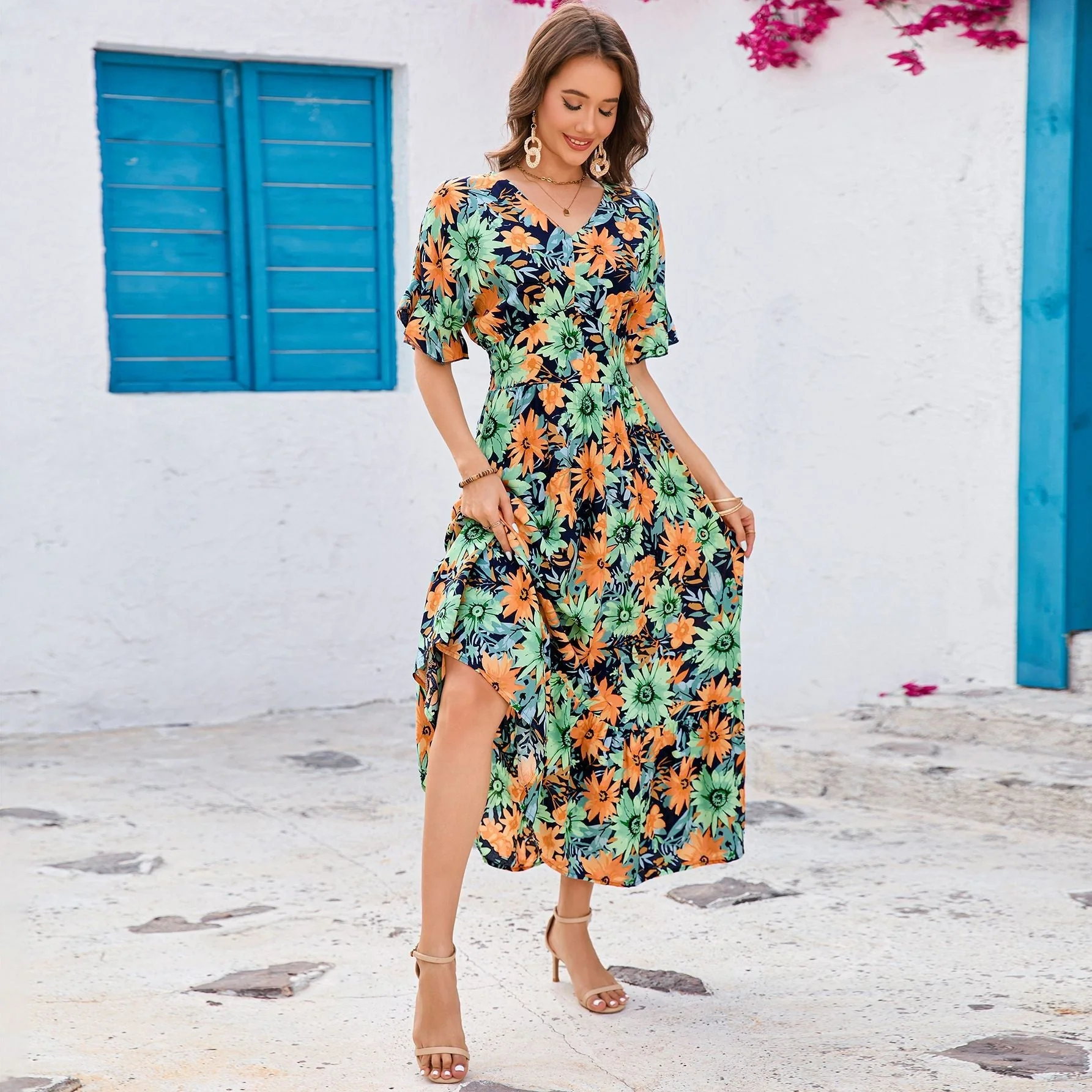 V-neck lotus leaf short-sleeved long dress temperament seaside vacation dress - Image 3