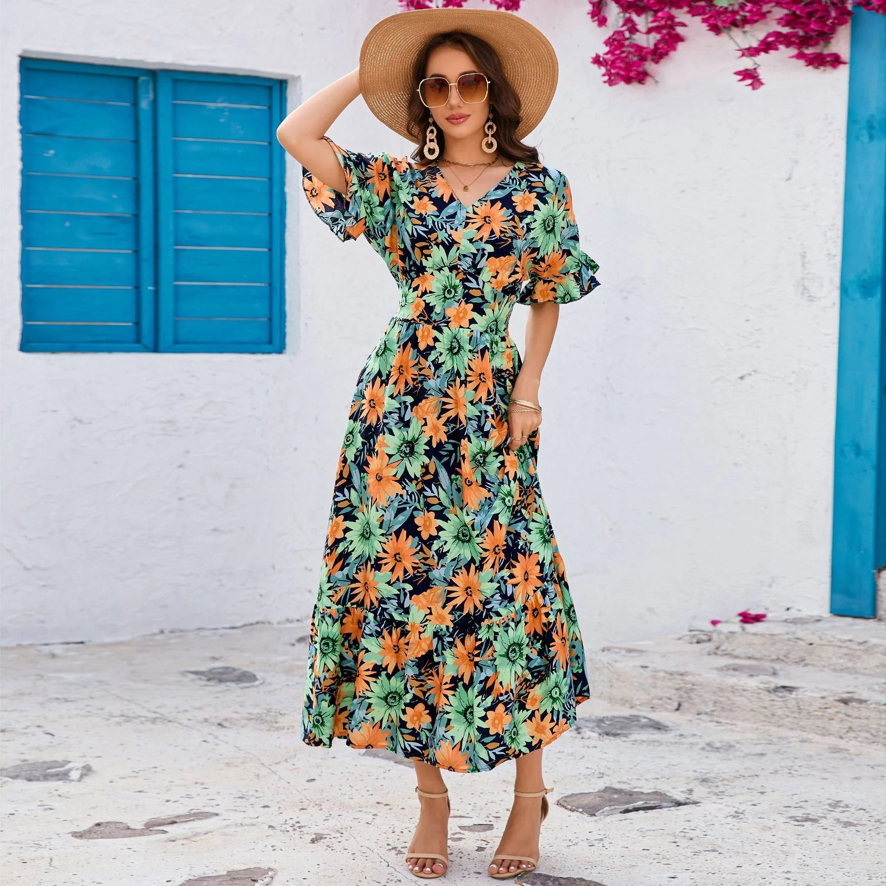 V-neck lotus leaf short-sleeved long dress temperament seaside vacation dress - Image 4