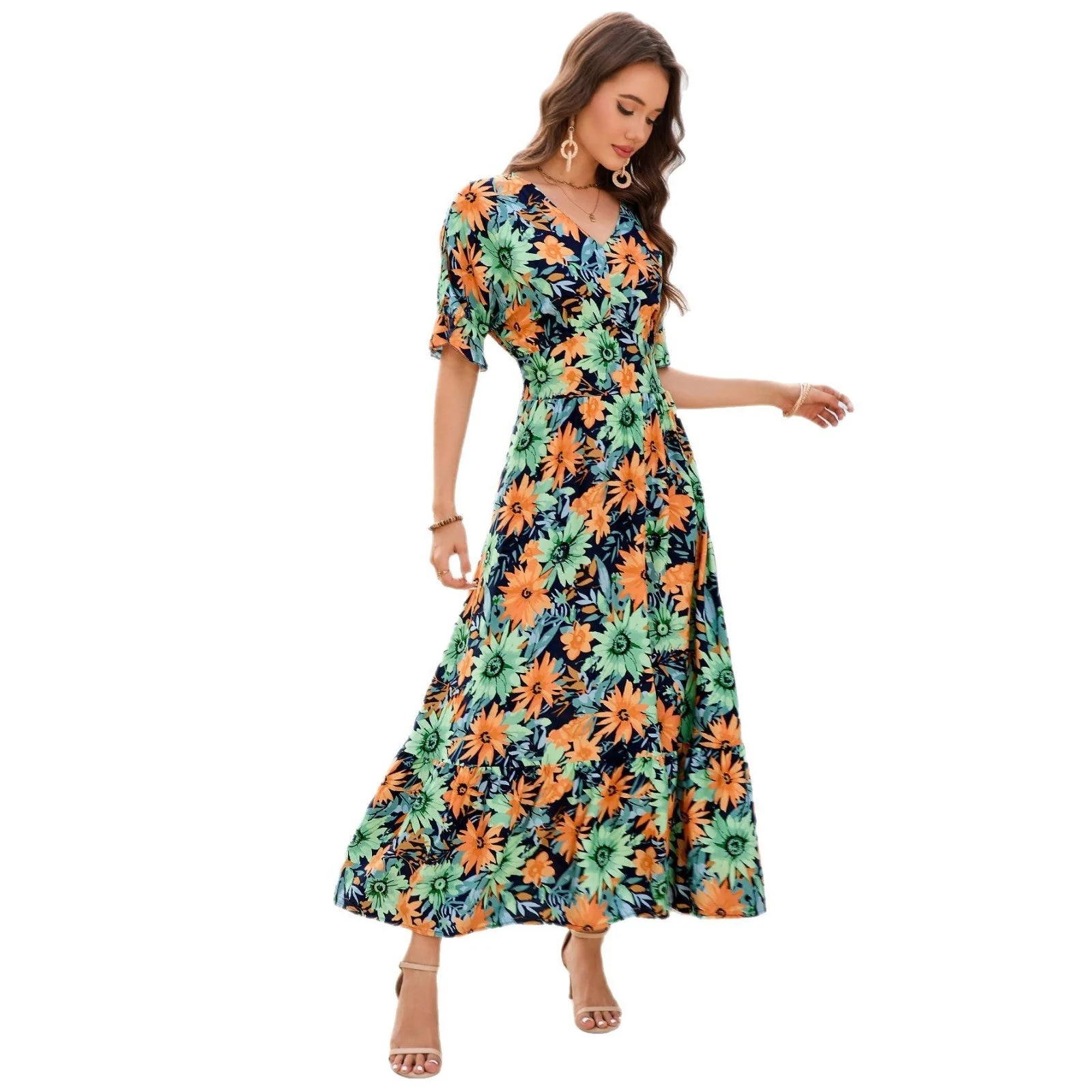 V-neck lotus leaf short-sleeved long dress temperament seaside vacation dress - Image 5