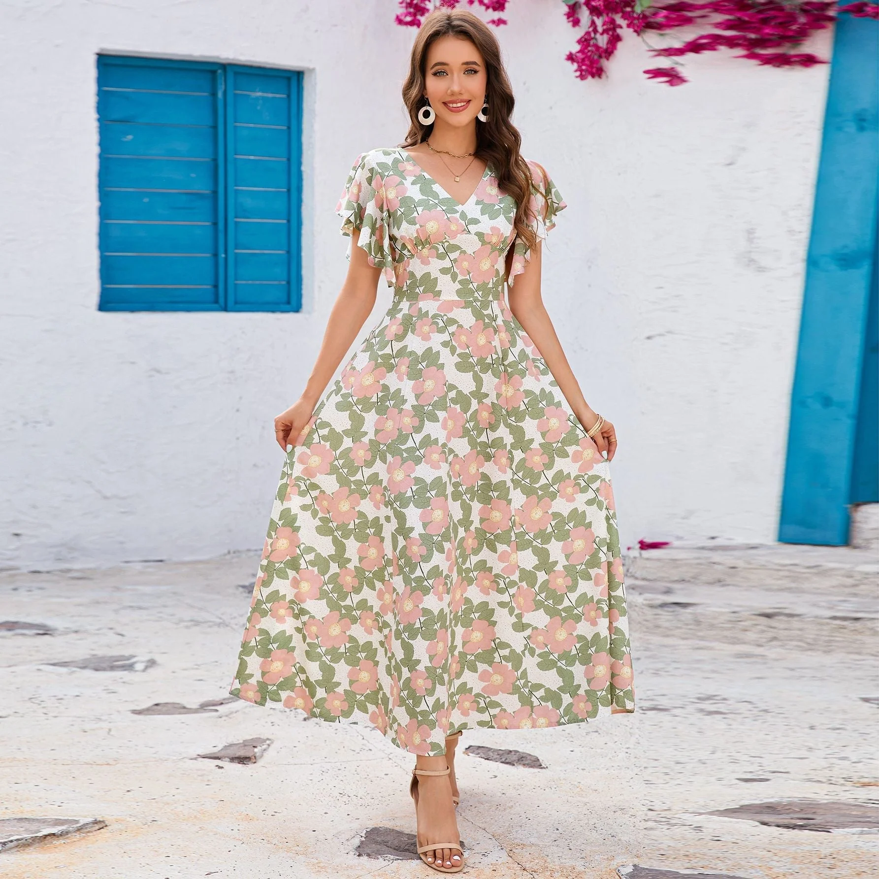 V-neck ruffle edge short-sleeved slim-fitting versatile dress - Image 4