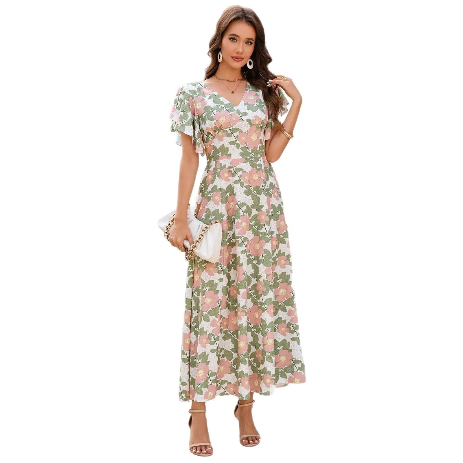 V-neck ruffle edge short-sleeved slim-fitting versatile dress - Image 5