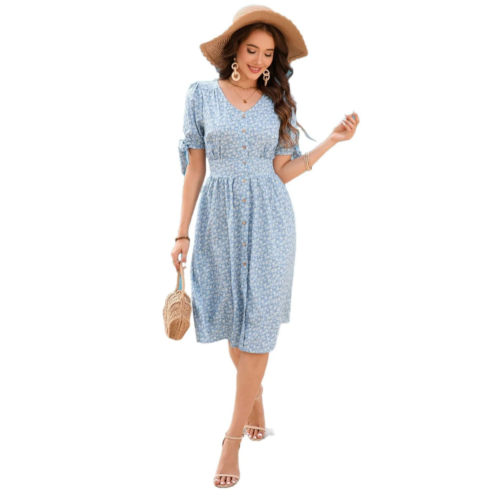 V-neck short-sleeved dress for leisure and vacation idyllic skirt - Image 5