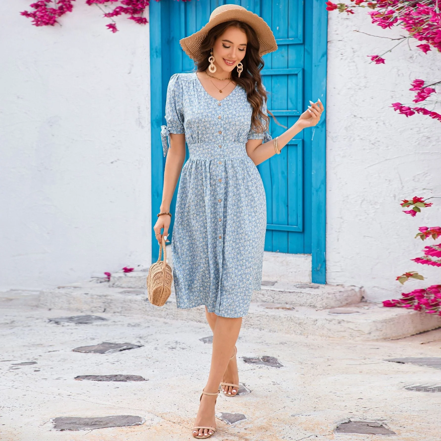 V-neck short-sleeved dress for leisure and vacation idyllic skirt - Image 6