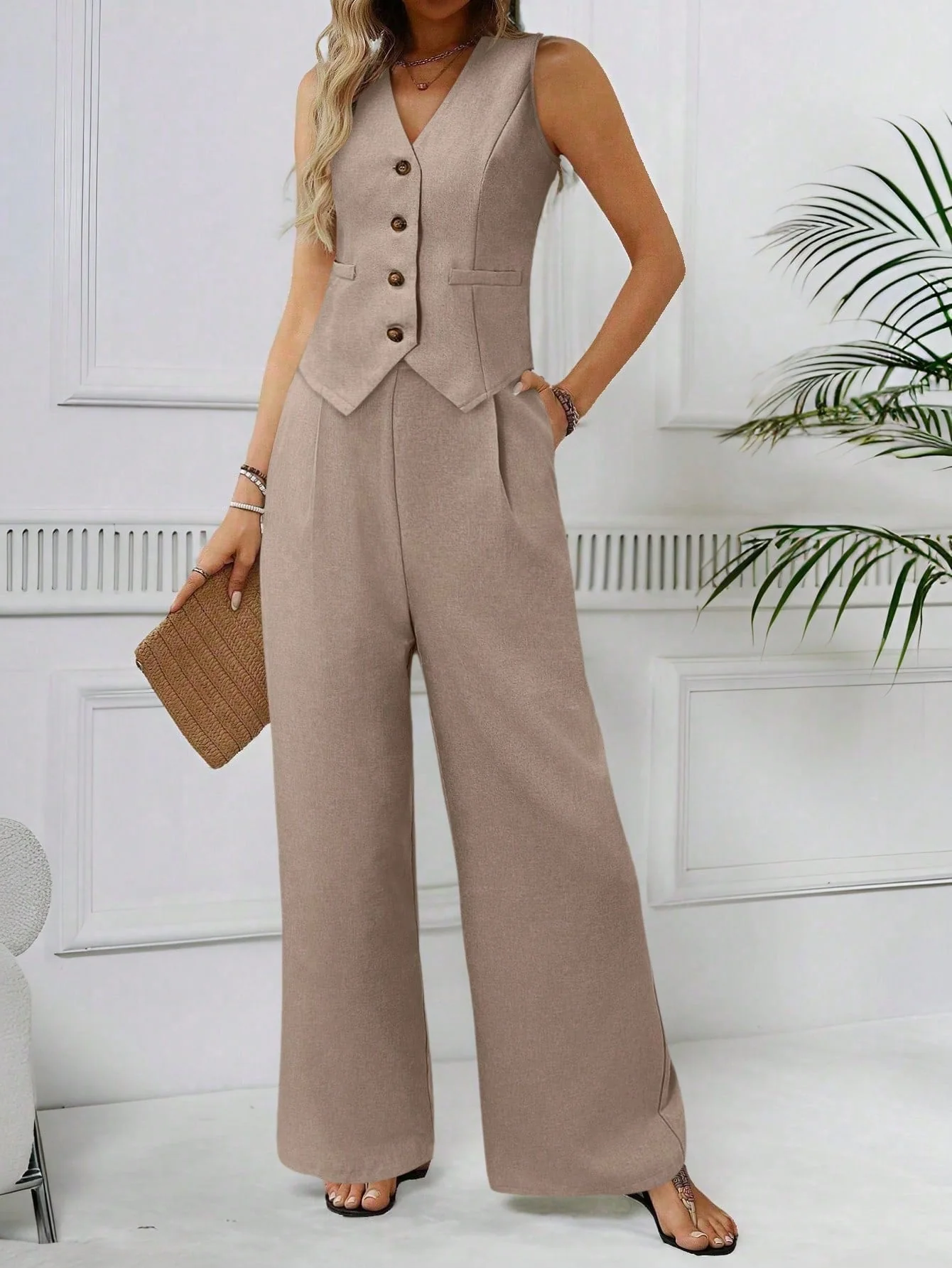 V-Neck Sleeveless Faux Pocket Front Chiffon Vest + High Waist Pleated Side Pocket Straight Leg Pants - Image 2