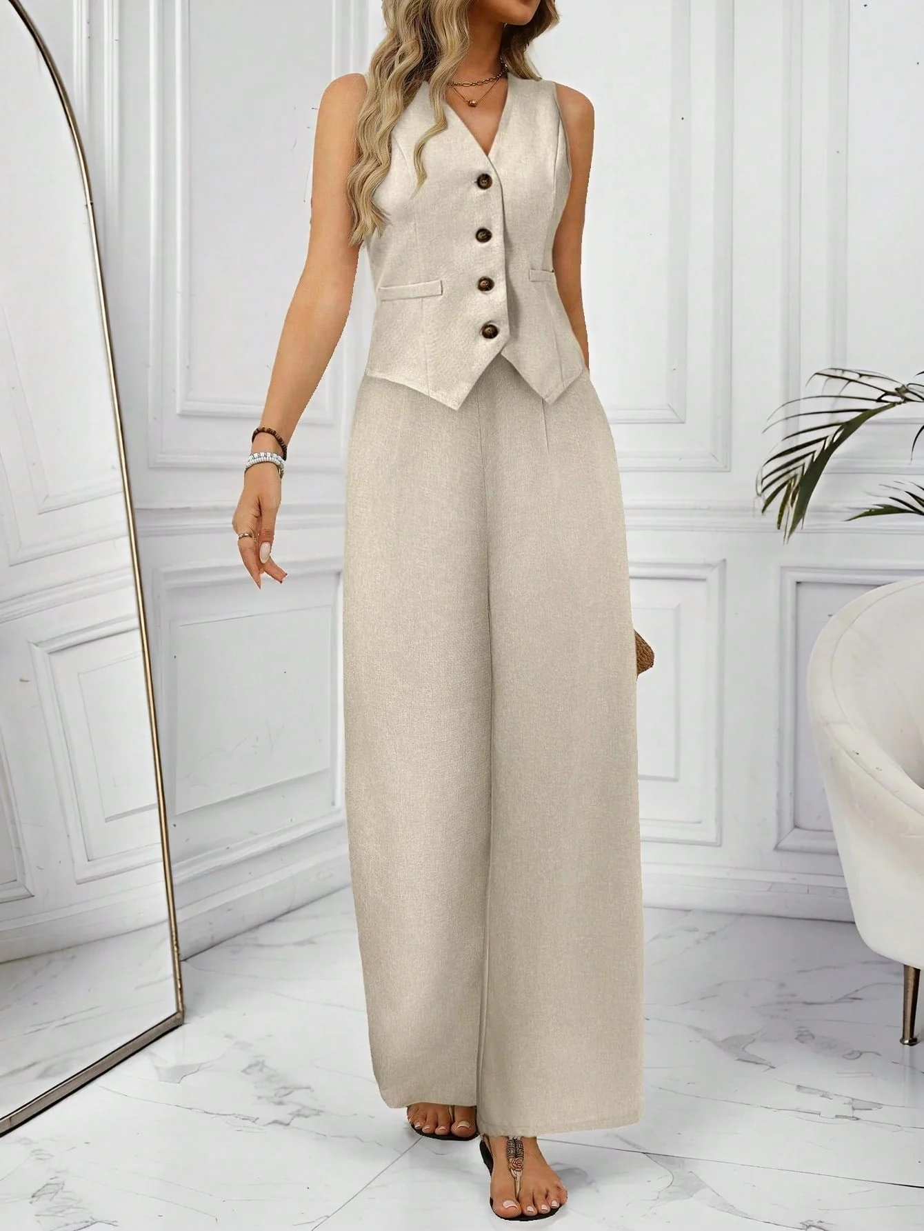 V-Neck Sleeveless Faux Pocket Front Chiffon Vest + High Waist Pleated Side Pocket Straight Leg Pants - Image 7