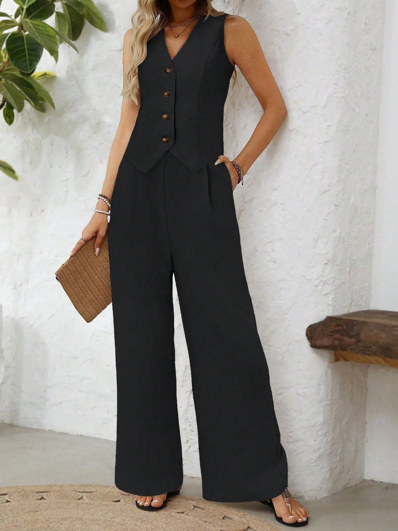 V-Neck Sleeveless Faux Pocket Front Chiffon Vest + High Waist Pleated Side Pocket Straight Leg Pants - Image 8