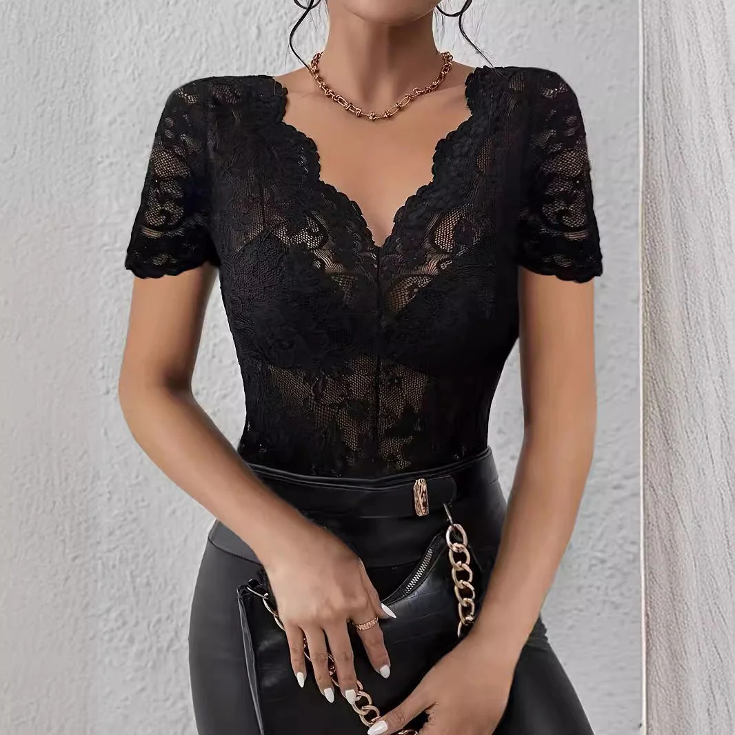 V-neck solid color lace sexy T-shirt slim and thin top women's clothing - Image 3