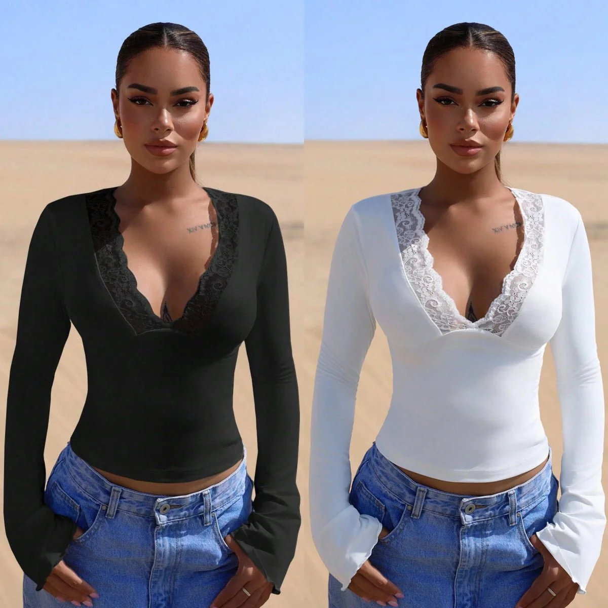 V-neck splicing lace sexy spice girl long-sleeved slim top