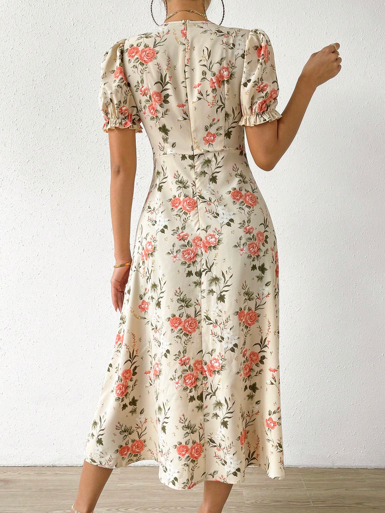 VCAY Floral Print Ruched Bust Puff Sleeve Split Thigh Dress - Image 2