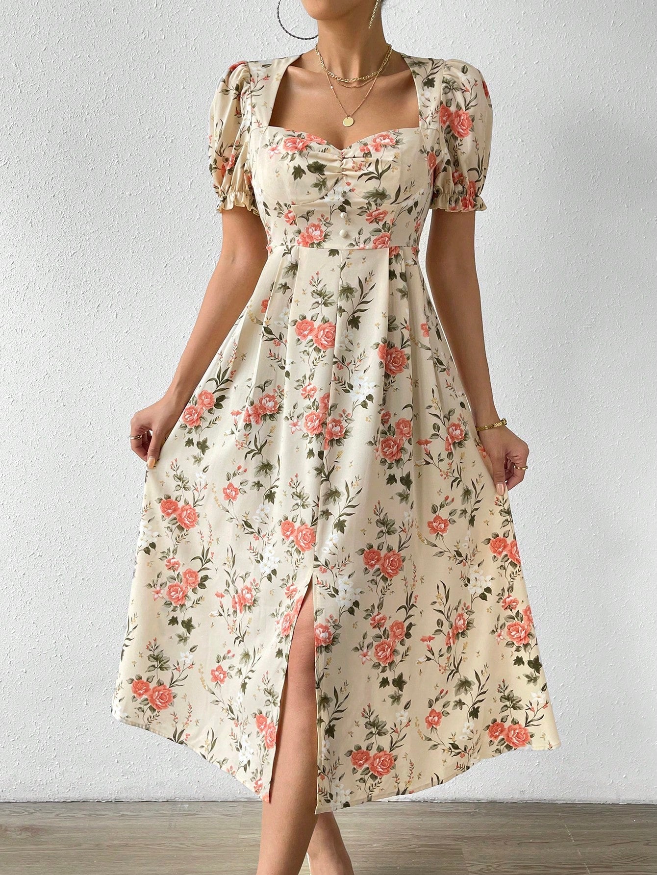 VCAY Floral Print Ruched Bust Puff Sleeve Split Thigh Dress - Image 3