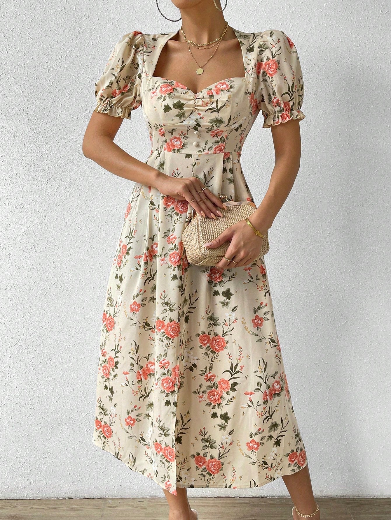 VCAY Floral Print Ruched Bust Puff Sleeve Split Thigh Dress - Image 6