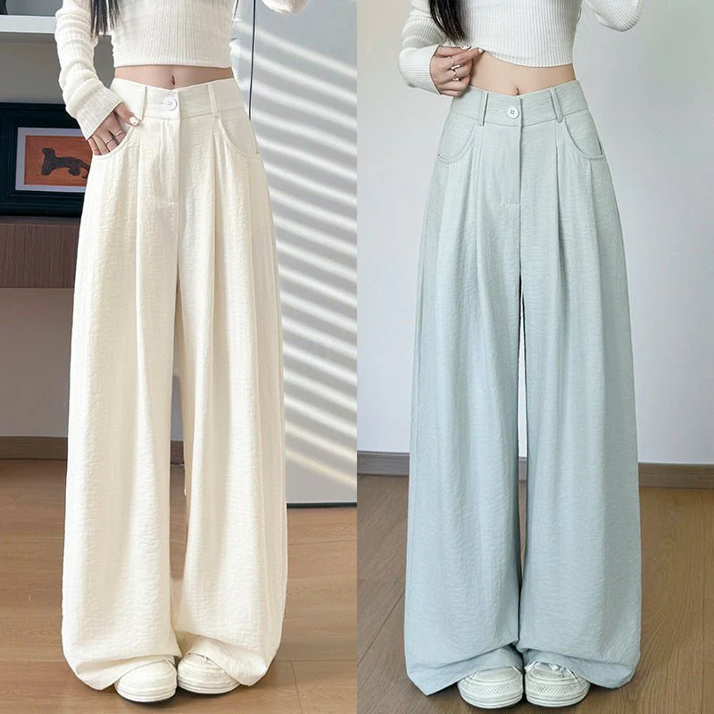 White milk husband suit pants women's 2025 summer new loose and thin straight-leg pants high waist lazy ice silk wide-leg pants