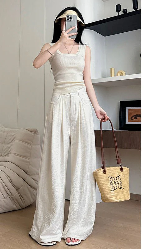 White milk husband suit pants women's 2025 summer new loose and thin straight-leg pants high waist lazy ice silk wide-leg pants - Image 4