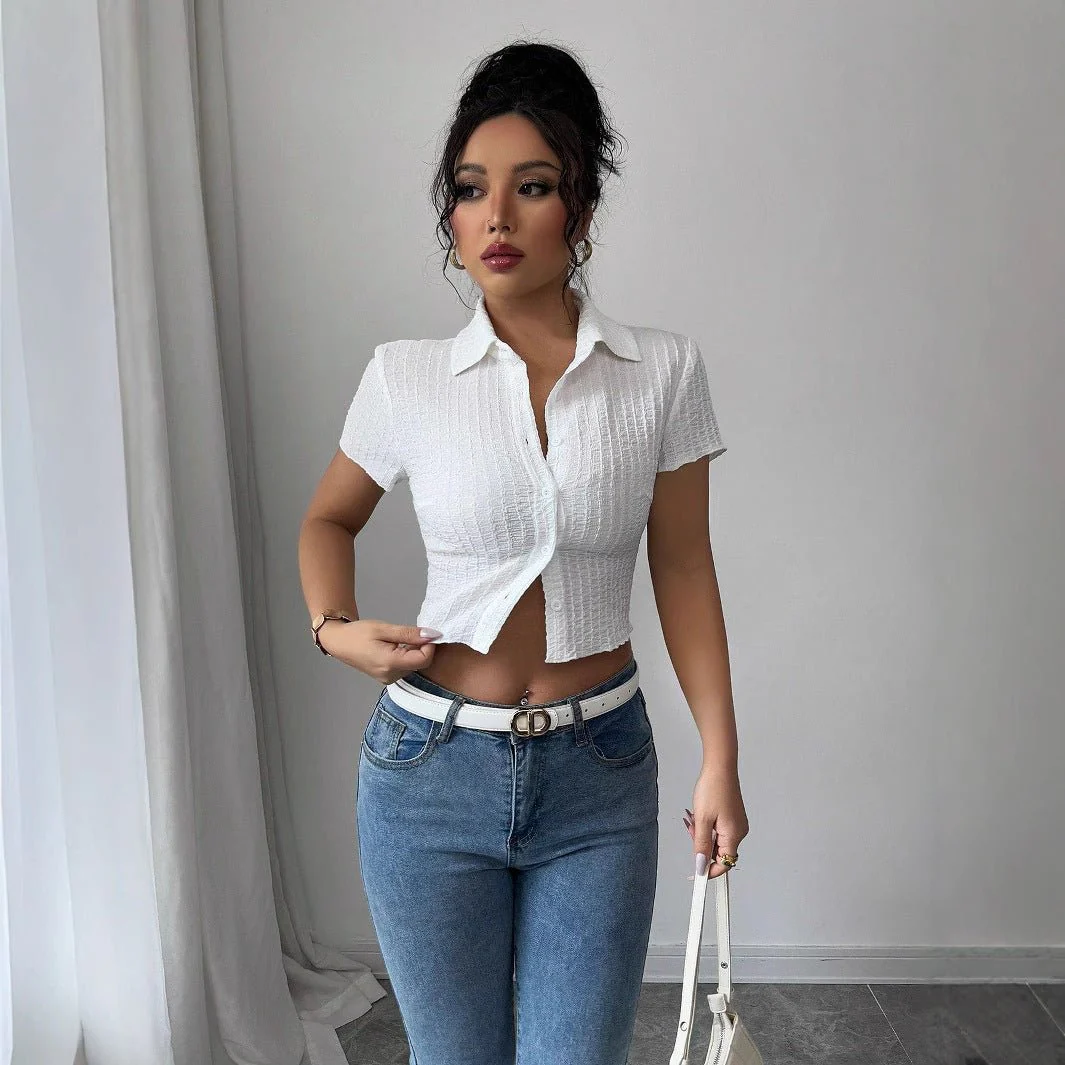 white short-sleeved shirt women's short 2025 summer new slim-fitting and thin waist design - Image 3