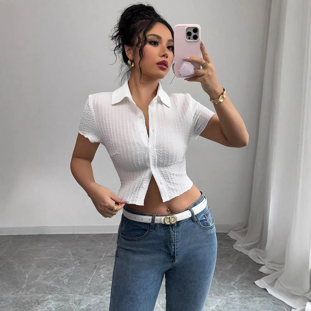 white short-sleeved shirt women's short 2025 summer new slim-fitting and thin waist design - Image 4