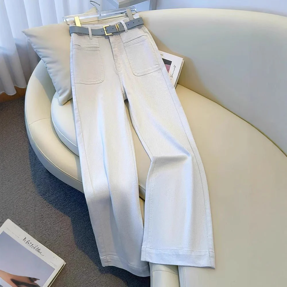 White Women’s High-Waist Straight Denim Jeans – Literary Art Retro Style with Multi-Pocket & Button Detail | Spring 2025 Collection