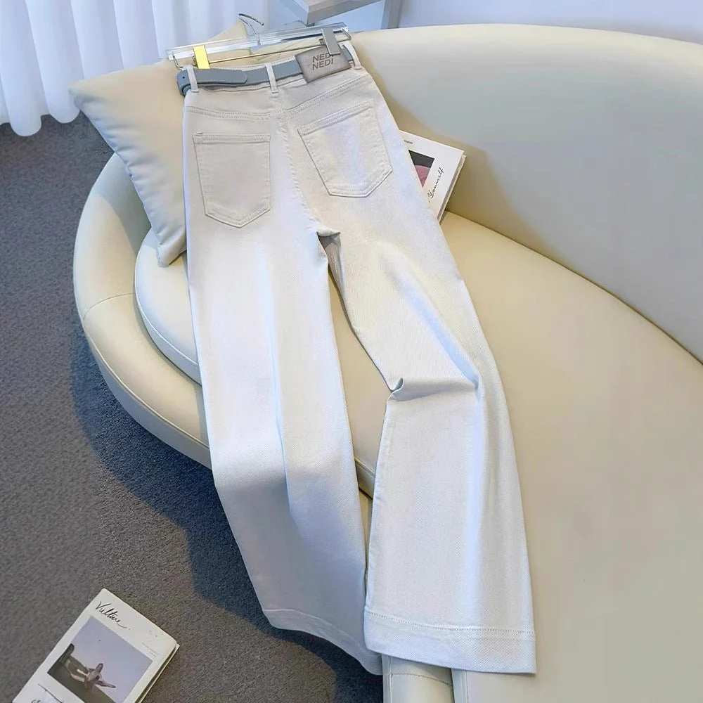 White Women’s High-Waist Straight Denim Jeans – Literary Art Retro Style with Multi-Pocket & Button Detail | Spring 2025 Collection - Image 2