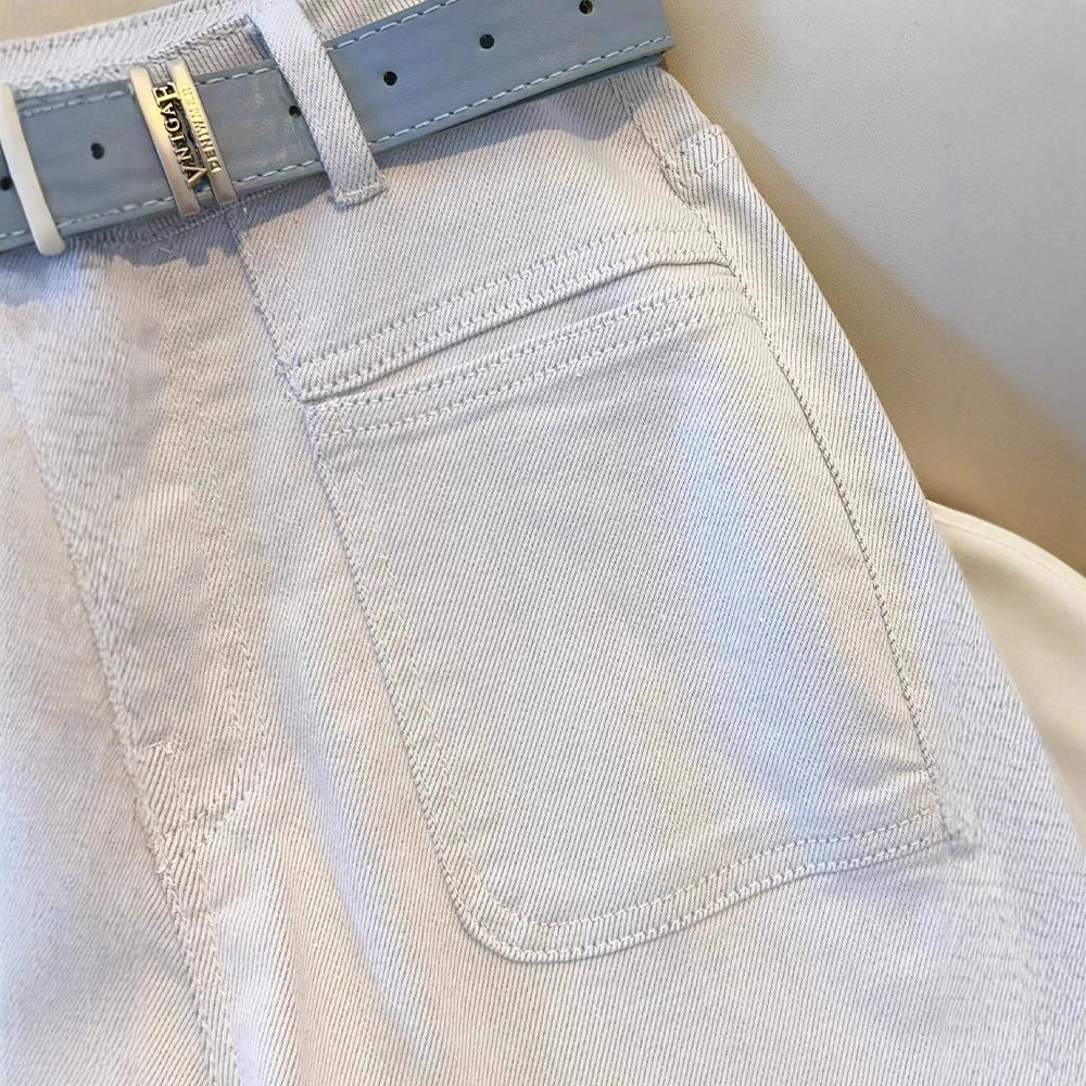 White Women’s High-Waist Straight Denim Jeans – Literary Art Retro Style with Multi-Pocket & Button Detail | Spring 2025 Collection - Image 3