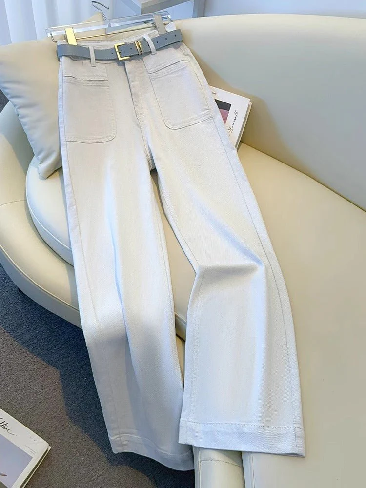 White Women’s High-Waist Straight Denim Jeans – Literary Art Retro Style with Multi-Pocket & Button Detail | Spring 2025 Collection - Image 6