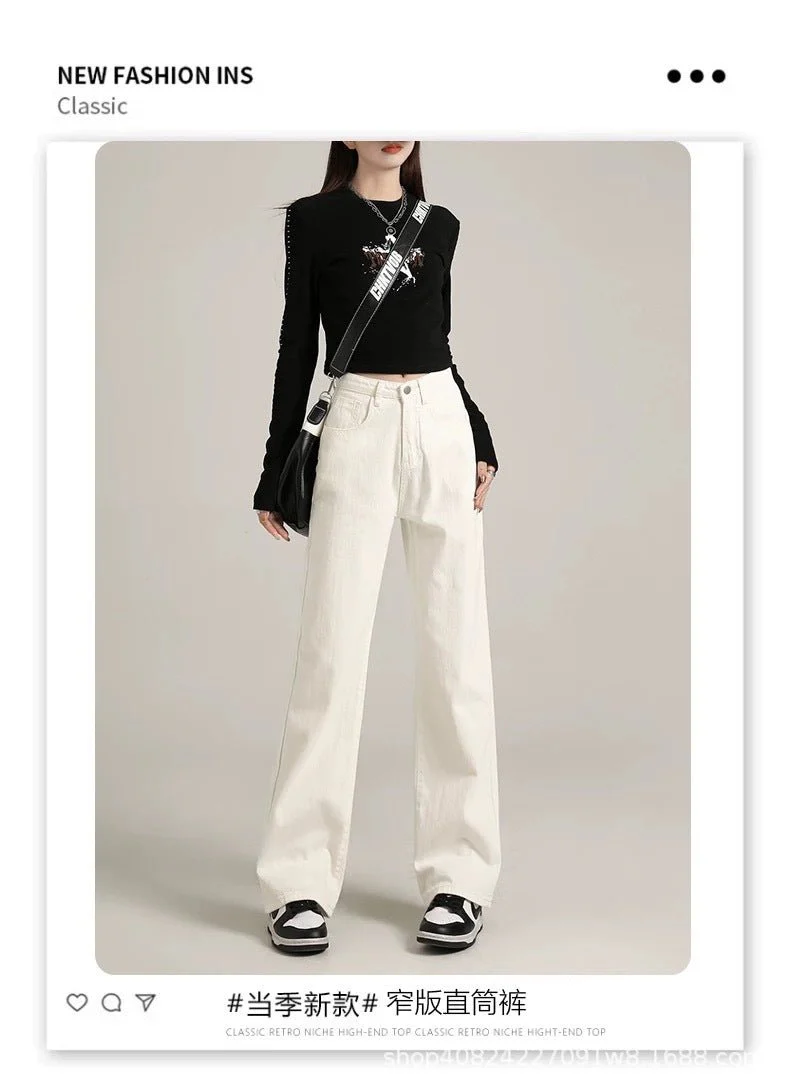 White Women’s High-Waist Wide-Leg Denim Jeans – Trendy Street Hipster Style with Button Detail | Autumn 2025 Collection FD - Image 5