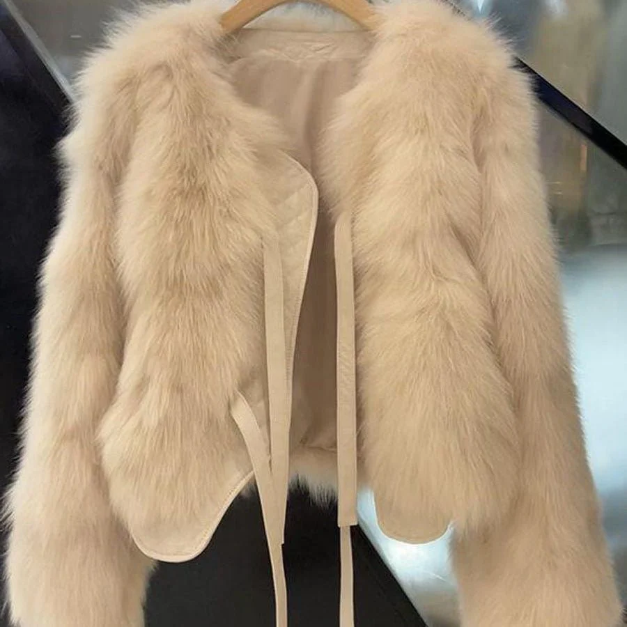Winter 2024 Japanese Korean Style Faux Fur Short Jacket for Women – Elegant Round Neck Soft Leather Plush Coat  FD - Image 2