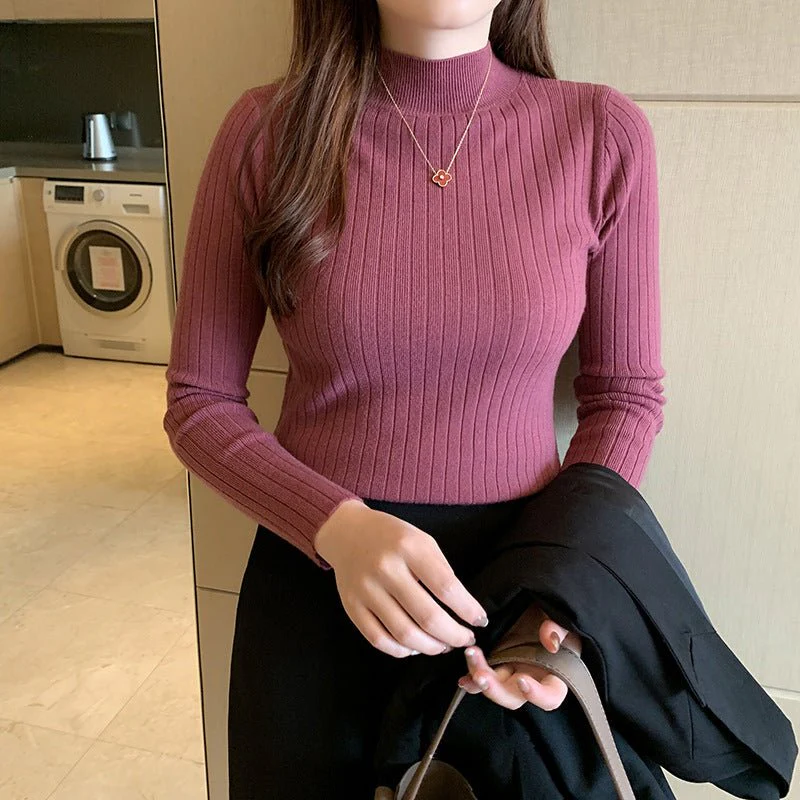 Winter knitted sweater for women half turtleneck solid color hi-neck (FD)