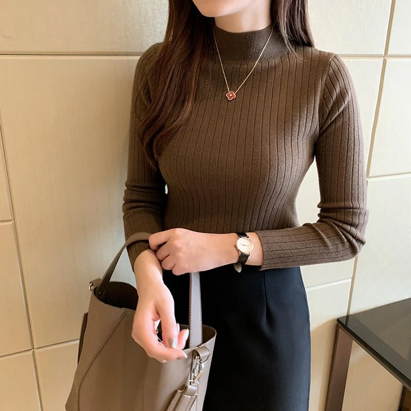 Winter knitted sweater for women half turtleneck solid color hi-neck (FD) - Image 11