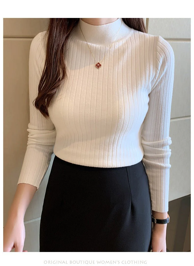 Winter knitted sweater for women half turtleneck solid color hi-neck (FD) - Image 12