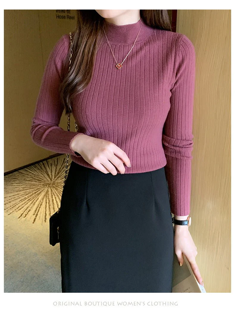 Winter knitted sweater for women half turtleneck solid color hi-neck (FD) - Image 13