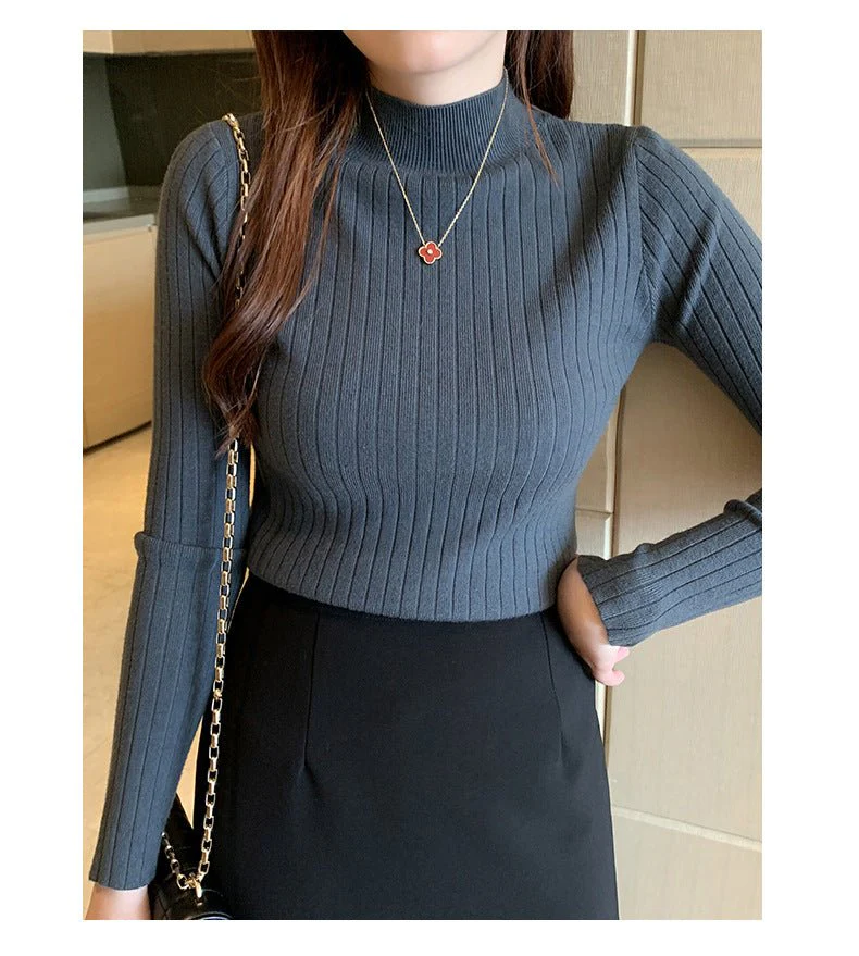 Winter knitted sweater for women half turtleneck solid color hi-neck (FD) - Image 18