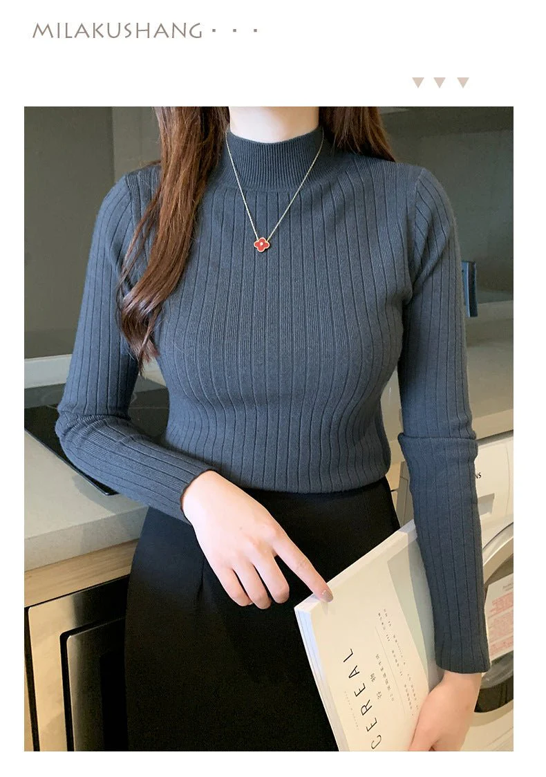 Winter knitted sweater for women half turtleneck solid color hi-neck (FD) - Image 19