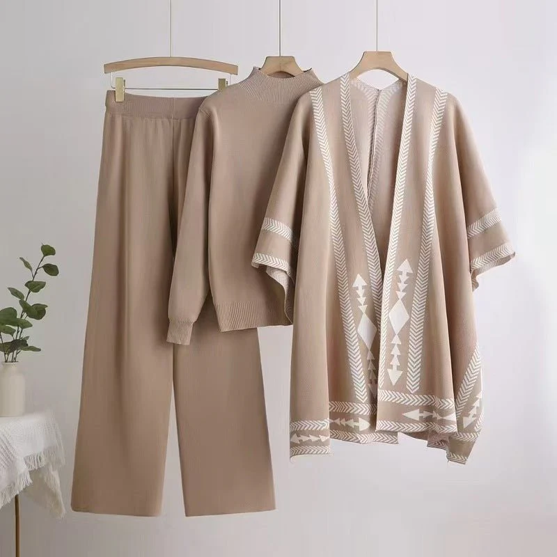Winter sweater knitted long-sleeved shawl wide-leg pants three-piece set - Image 11