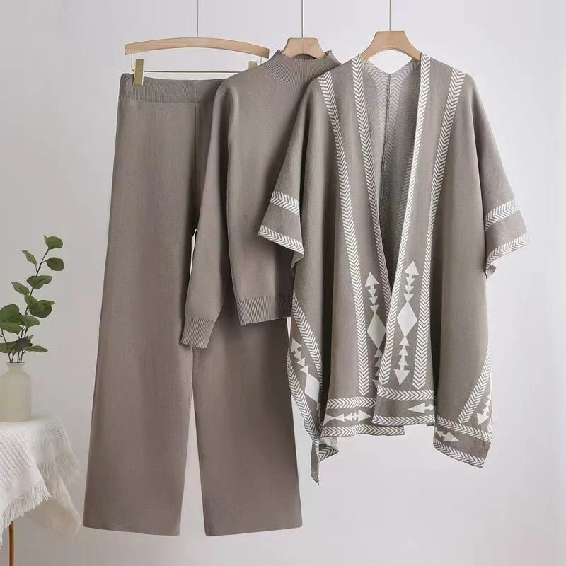 Winter sweater knitted long-sleeved shawl wide-leg pants three-piece set - Image 3