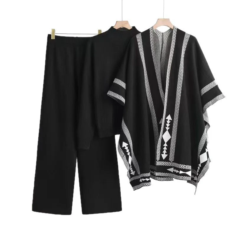 Winter sweater knitted long-sleeved shawl wide-leg pants three-piece set - Image 5
