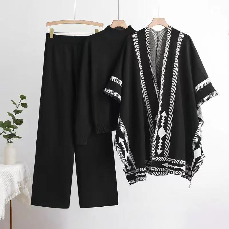 Winter sweater knitted long-sleeved shawl wide-leg pants three-piece set - Image 6