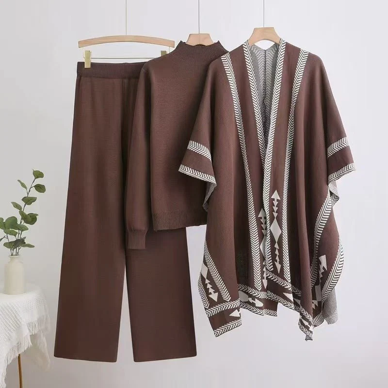 Winter sweater knitted long-sleeved shawl wide-leg pants three-piece set - Image 7