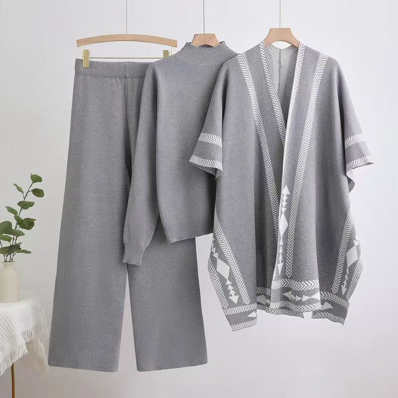 Winter sweater knitted long-sleeved shawl wide-leg pants three-piece set - Image 8
