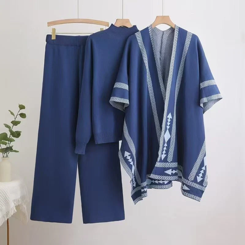 Winter sweater knitted long-sleeved shawl wide-leg pants three-piece set - Image 9