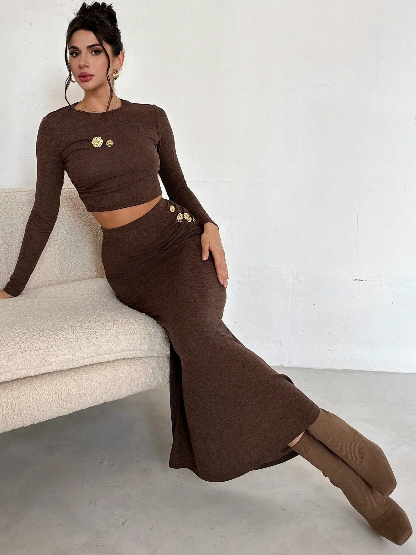 Women 2Pcs Set: Crew Neck Long Sleeve Top & Extra Long Fish Tail Skirt, Metal Buckle Decor - Image 2