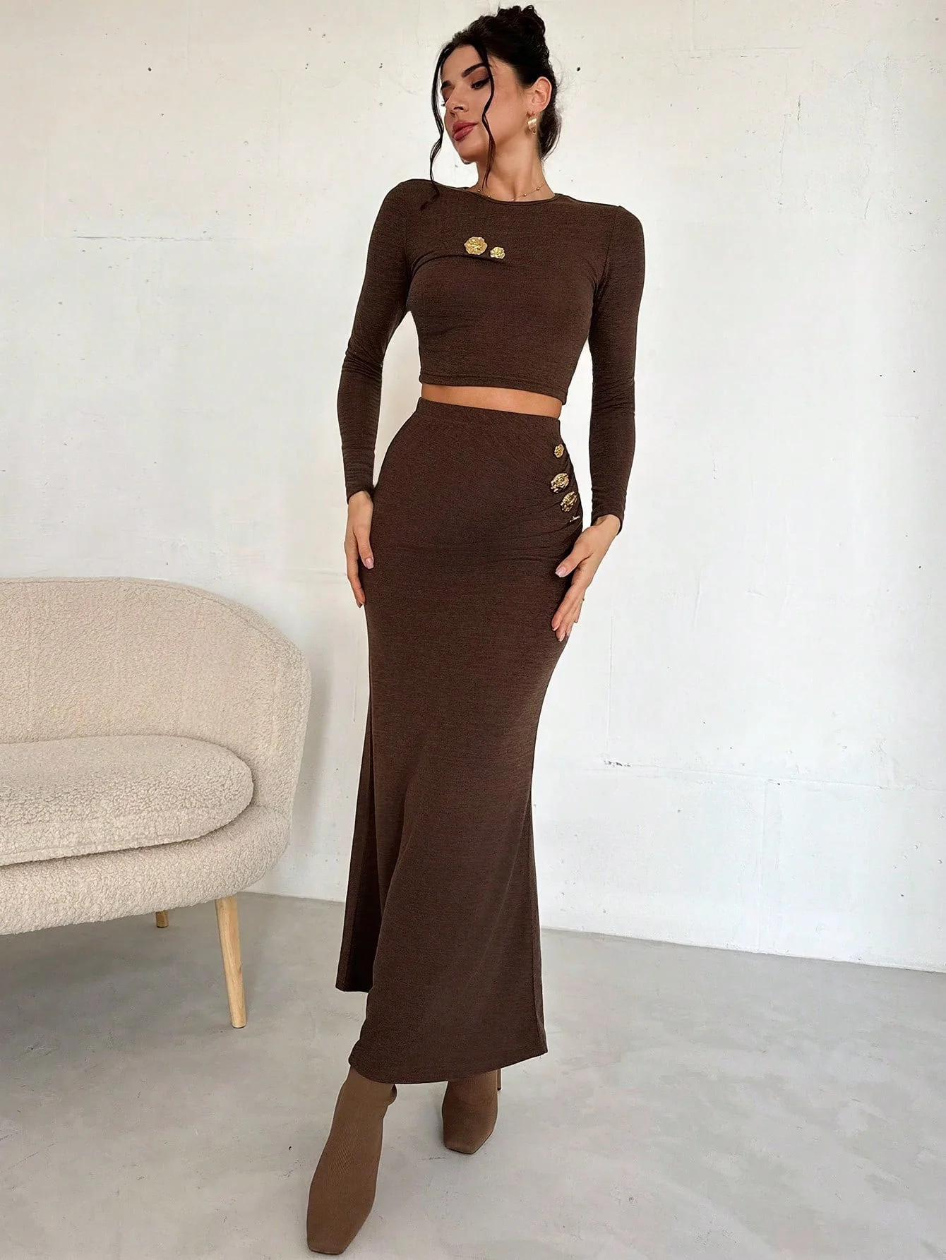 Women 2Pcs Set: Crew Neck Long Sleeve Top & Extra Long Fish Tail Skirt, Metal Buckle Decor - Image 3