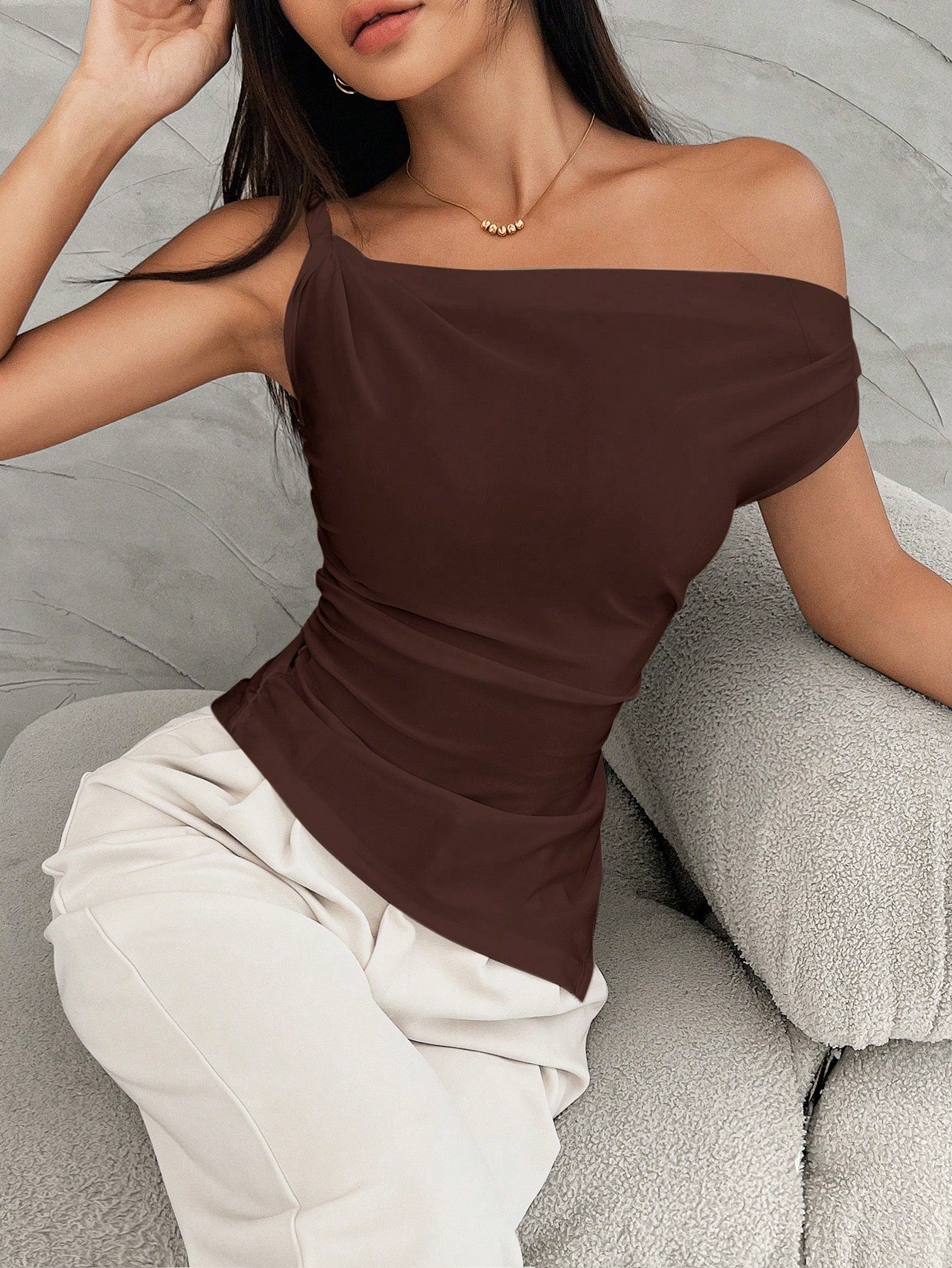 Women Asymmetrical Shoulder Ruched Uneven Hem Casual T-Shirt, Summer